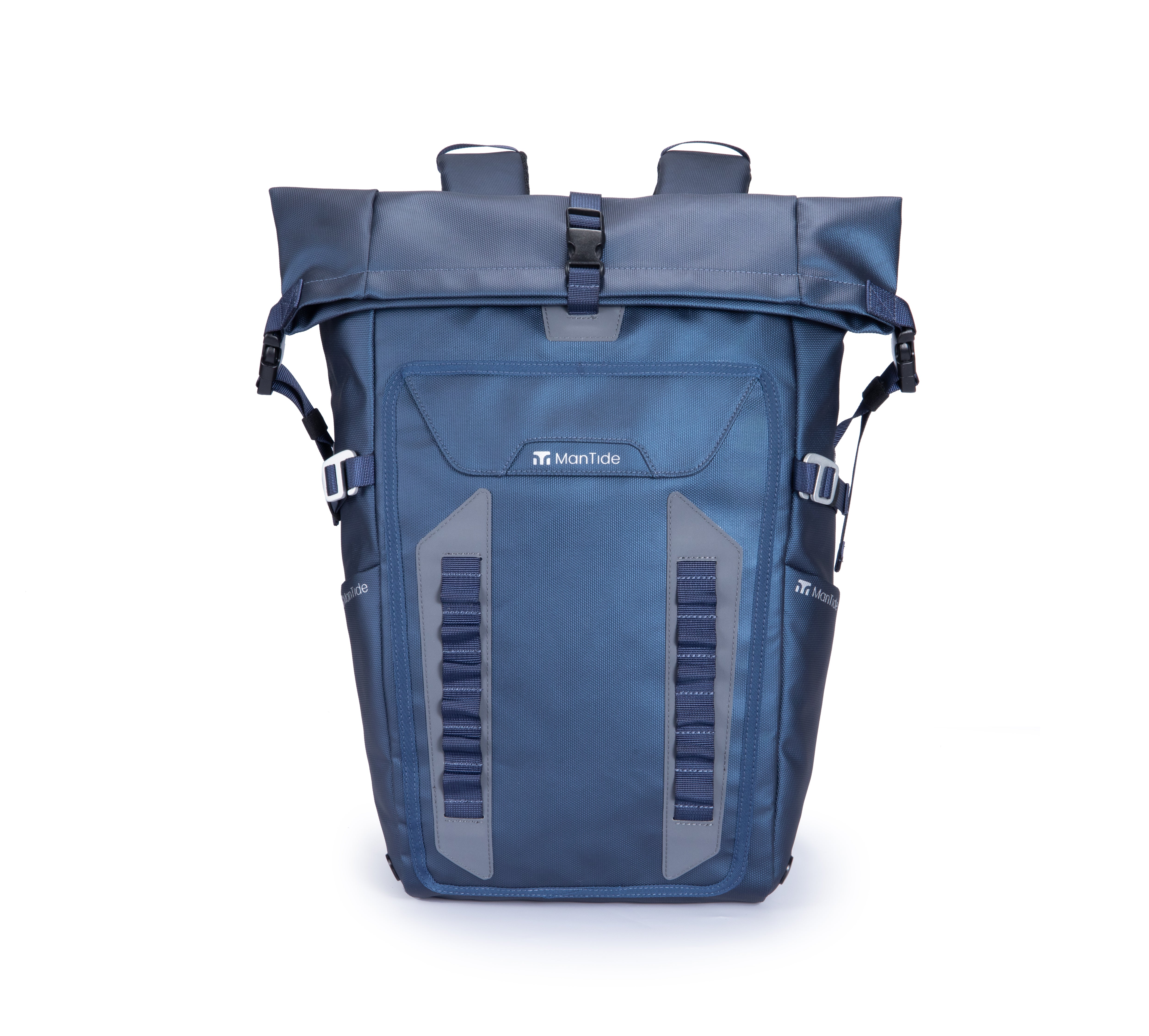 Deepsea Blue TideTrail backpack showing roll top feature with large front pocket and Molle webbing