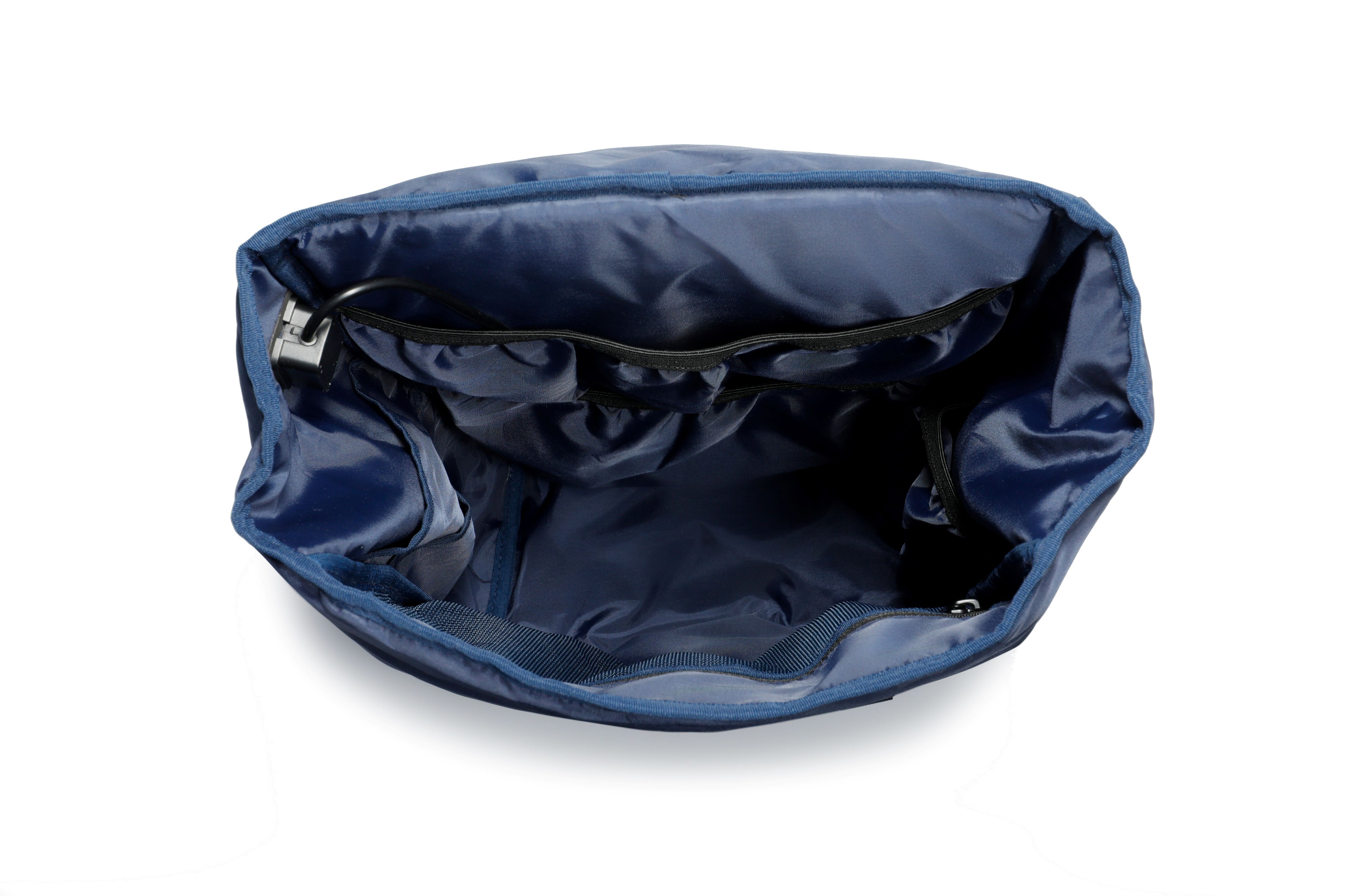 Deepsea Blue TideTrail internal compartments including side pockets, secured zipper mesh pocket. Also shown is the USB cable for power bank connectivity