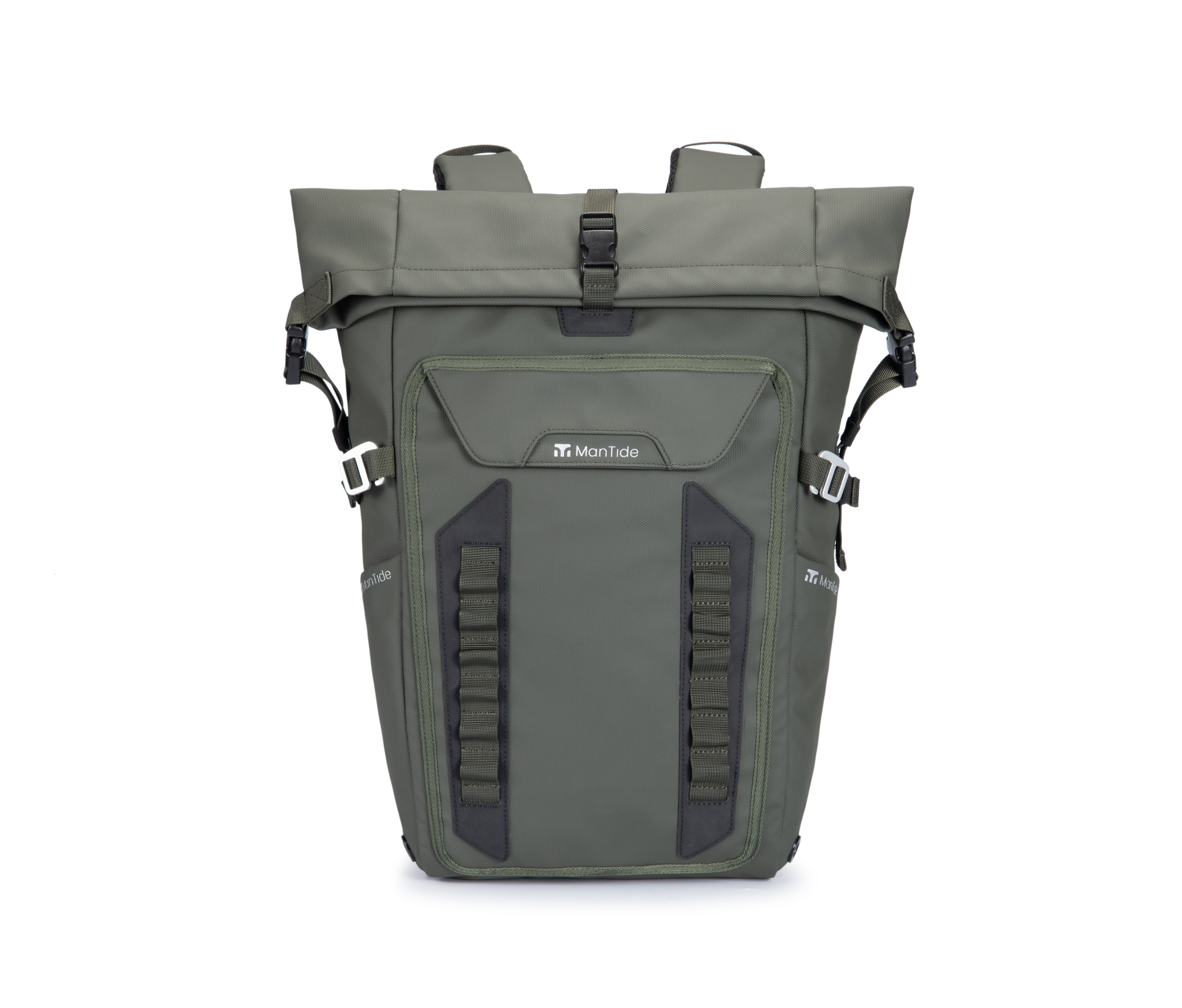 Khaki Green TideTrail backpack showing roll top feature with large front pocket and Molle webbing