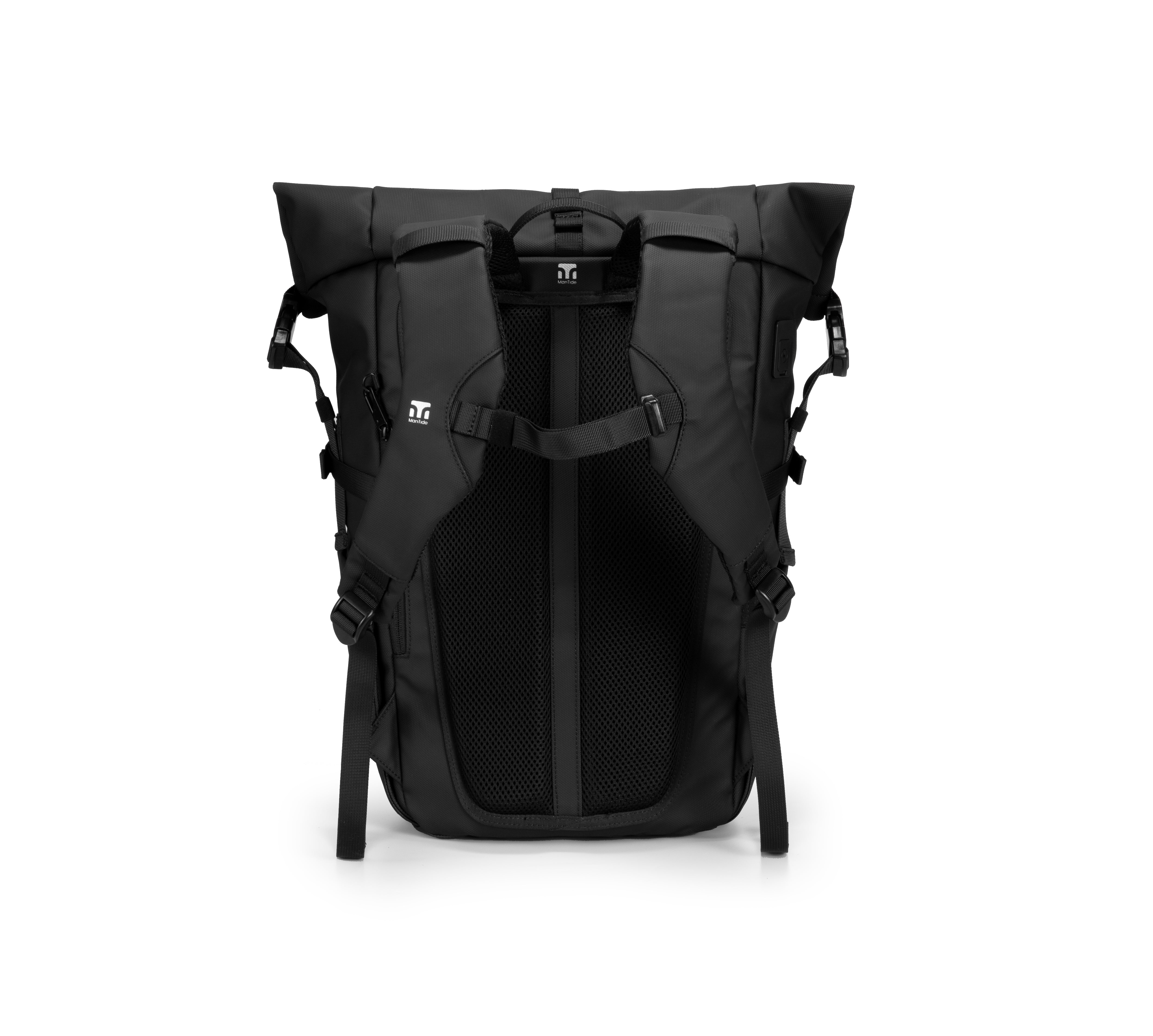 Matte Black TideTrail backpack with padded shoulder straps and back. Chest strap for additional support and comfort