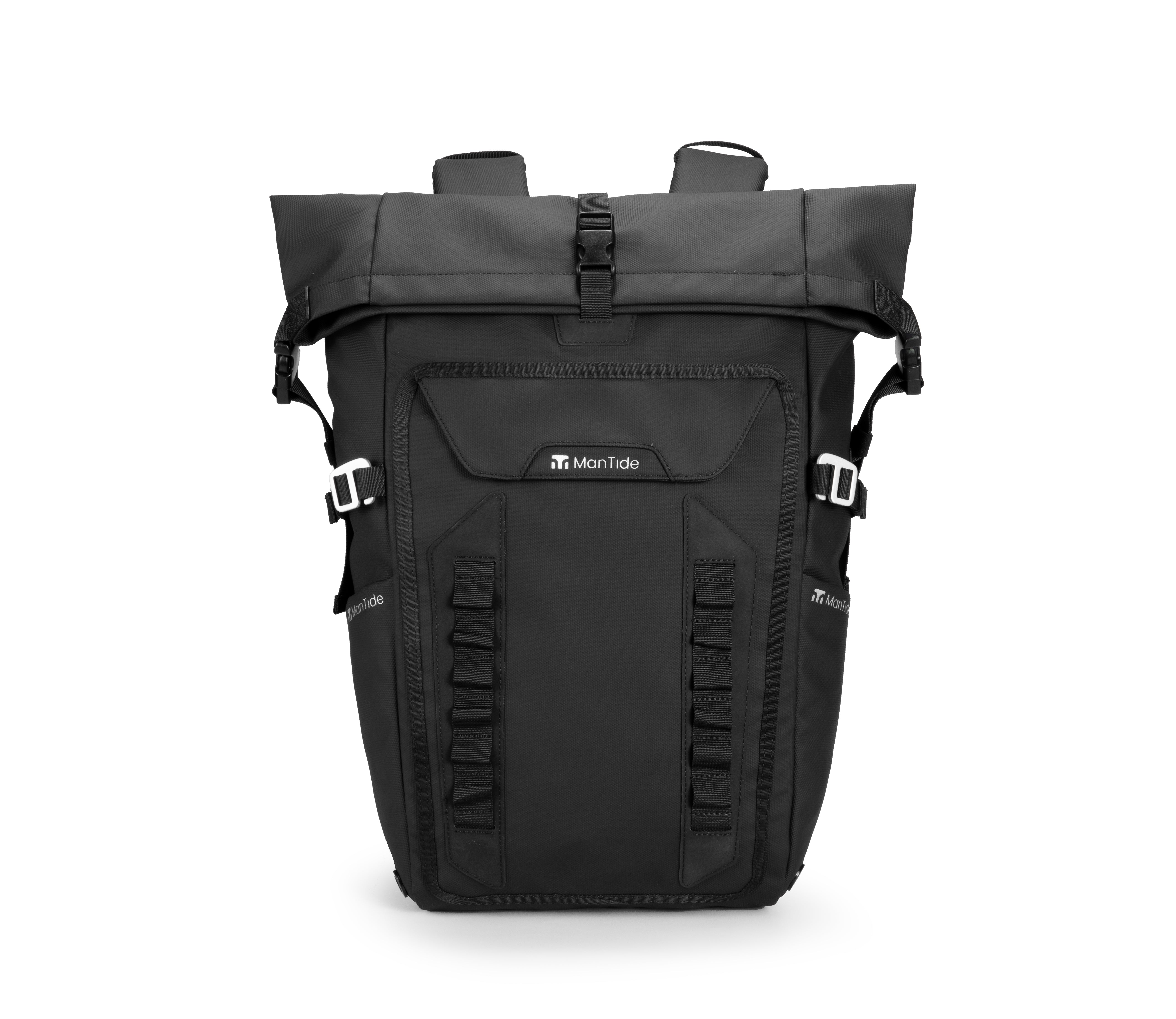 Matte Black TideTrail backpack showing roll top feature with large front pocket and Molle webbing