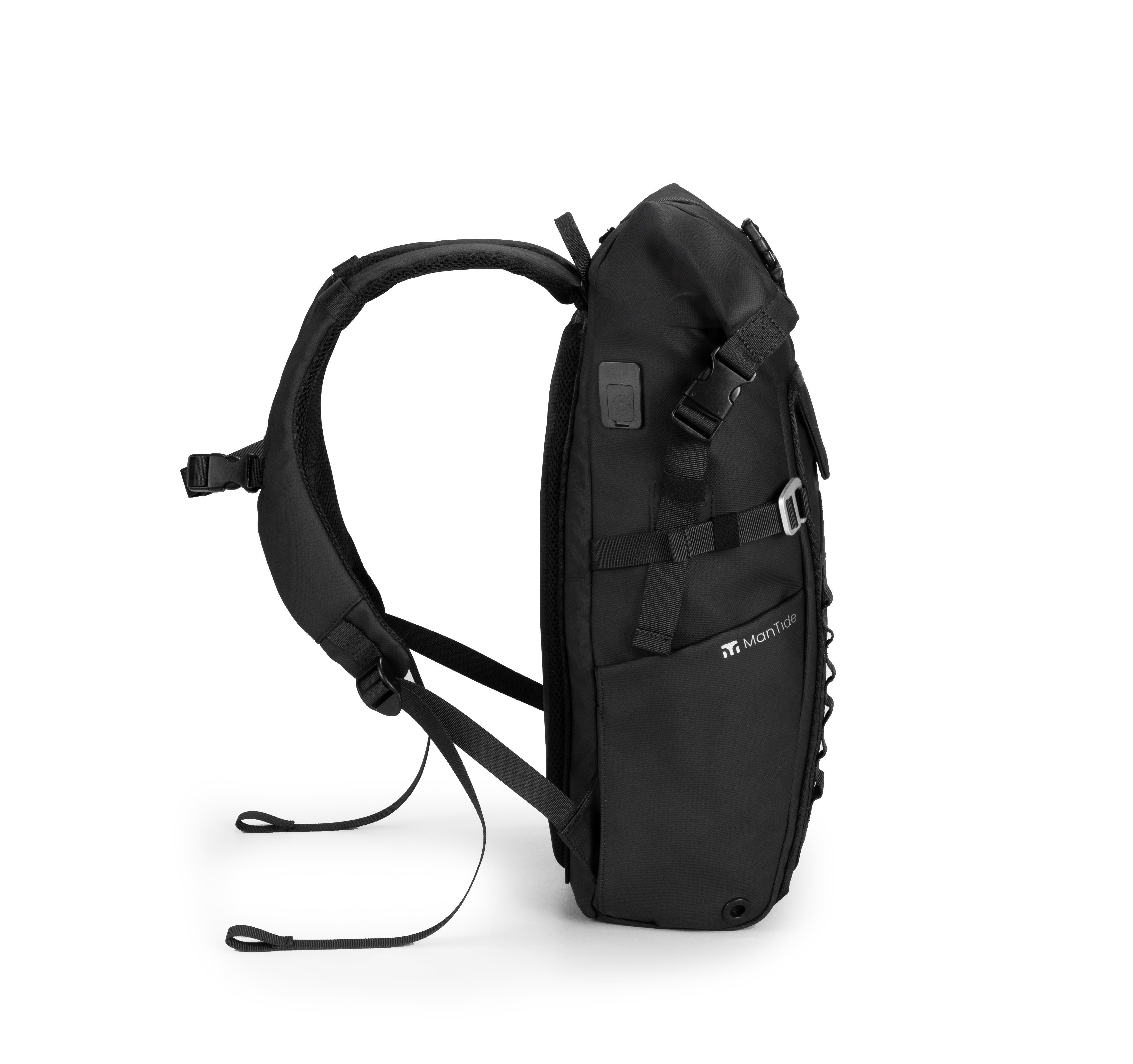 Matte Black TideTrail backpack with adjustable shoulder straps, USB connection and roll top secure fasteners