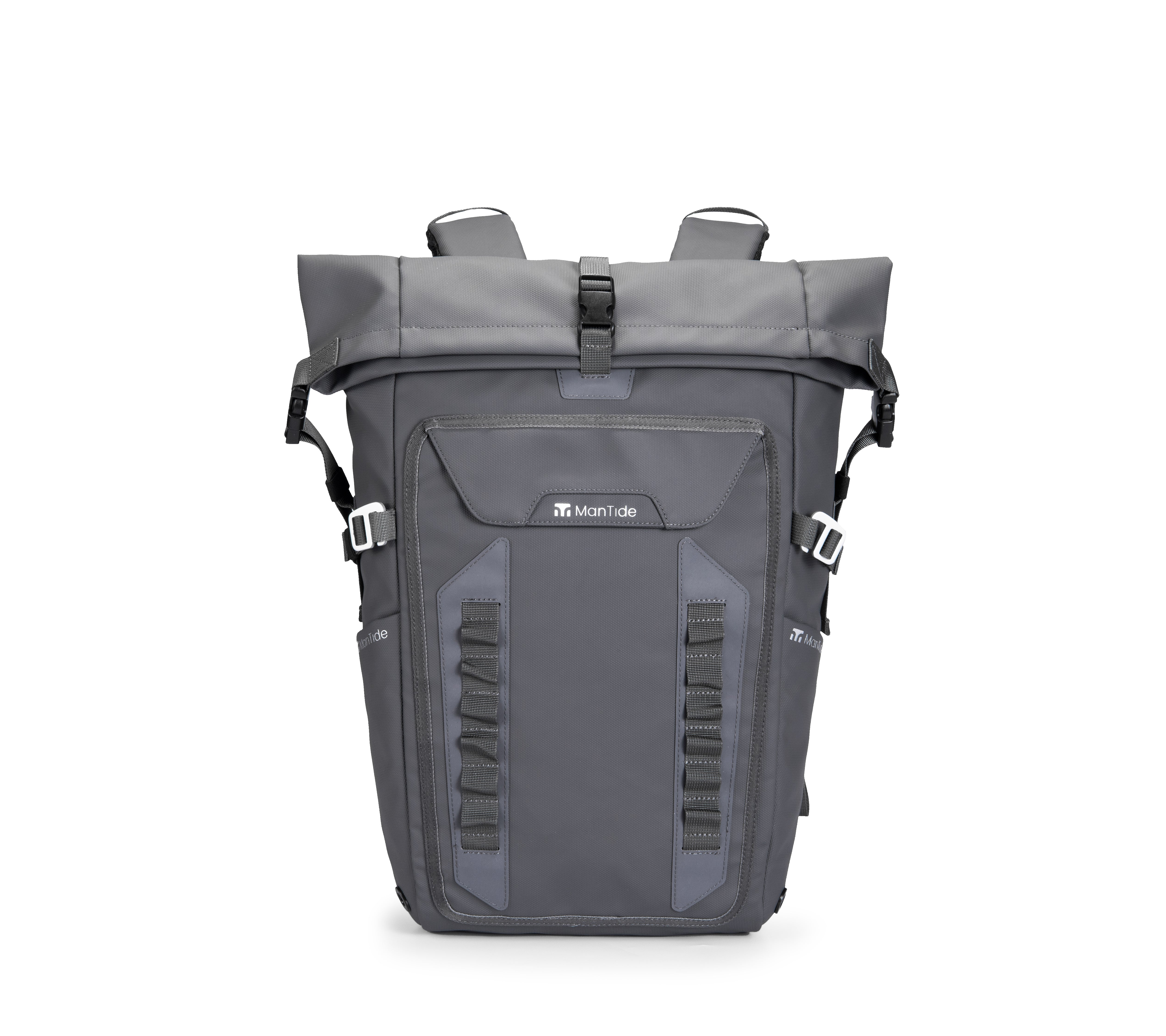 Slate Grey TideTrail backpack showing roll top feature with large front pocket and Molle webbing