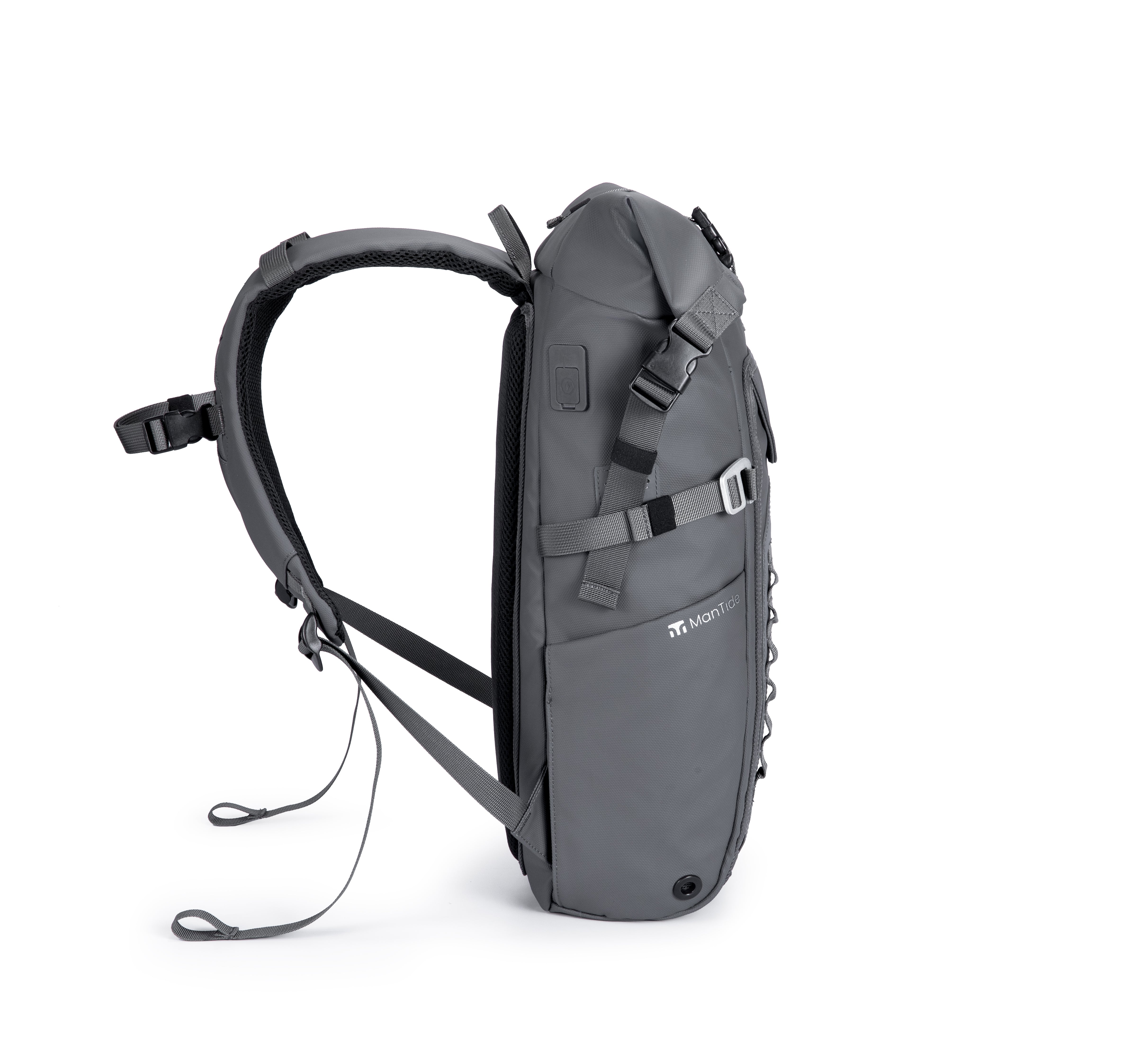 Slate Grey TideTrail backpack with adjustable shoulder straps, USB connection and roll top secure fasteners