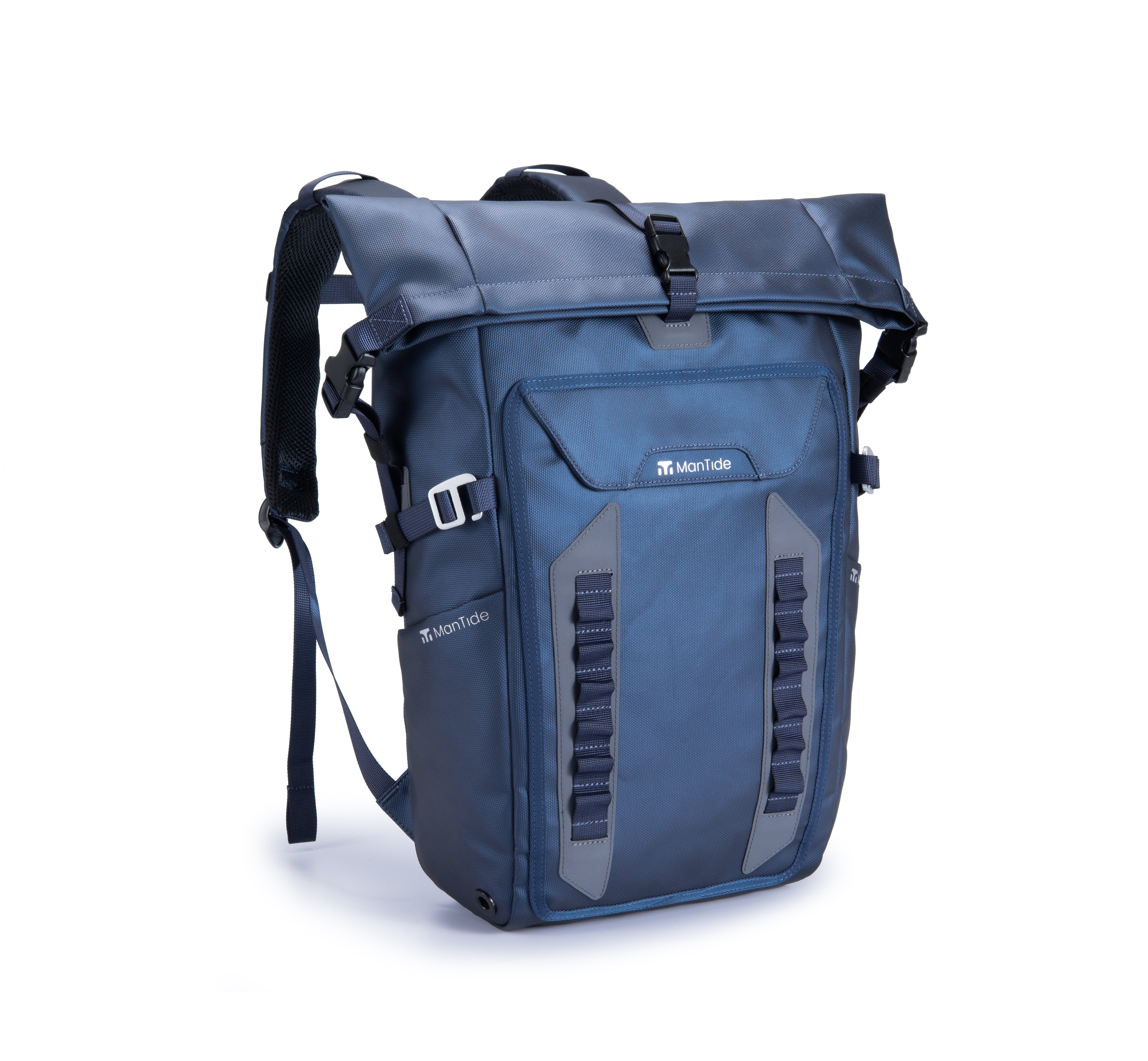 Deepsea Blue TideTrail Backpack with Molle webbing and large front pocket. Also shown is the side pocket for water bottles with retaining strap for larger items to be stored such as camera tripods or yoga mats