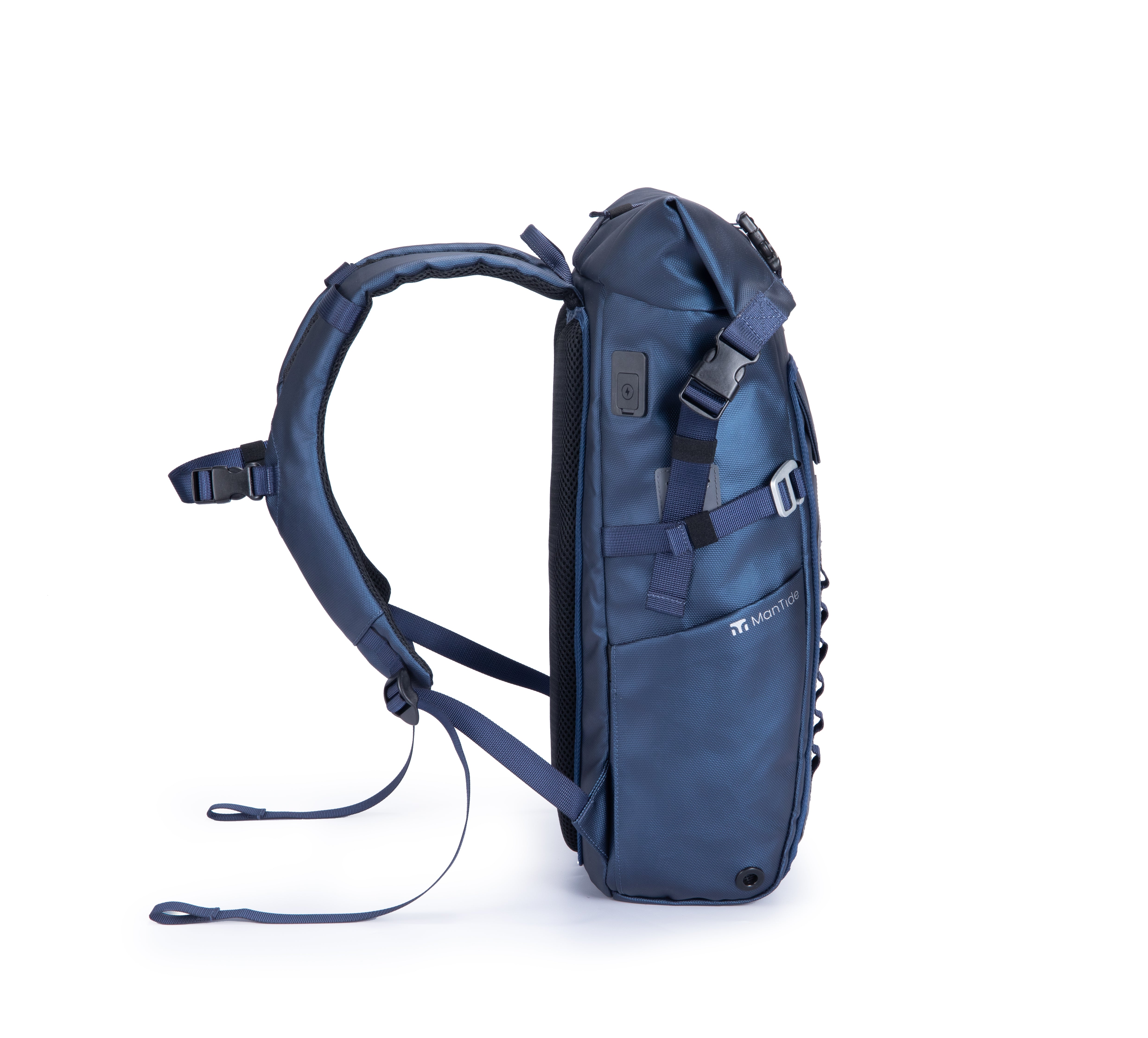 Deepsea Blue TideTrail backpack with adjustable shoulder straps, USB connection and roll top secure fasteners