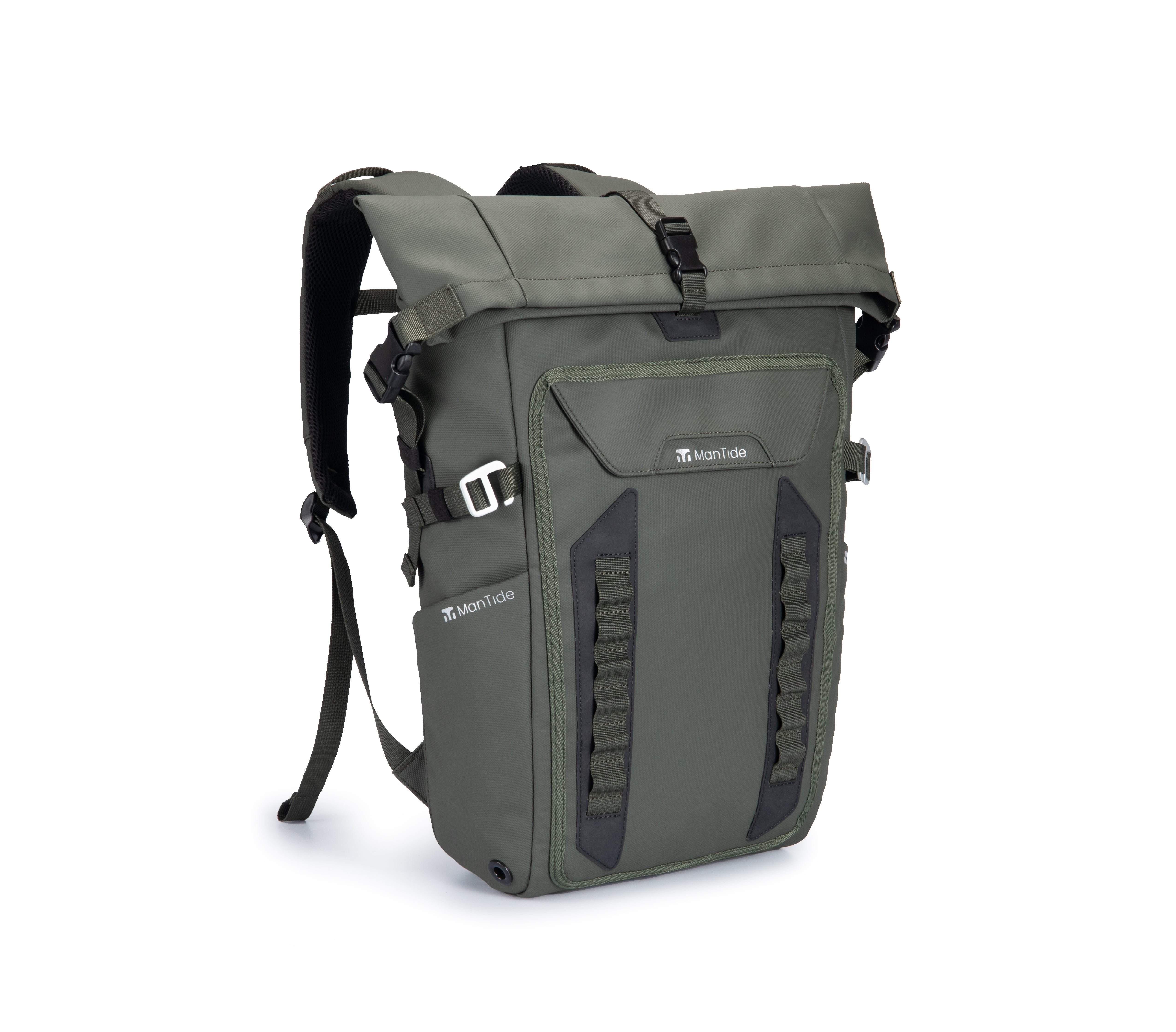 Khaki Green TideTrail Backpack with Molle webbing and large front pocket. Also shown is the side pocket for water bottles with retaining strap for larger items to be stored such as camera tripods or yoga mats