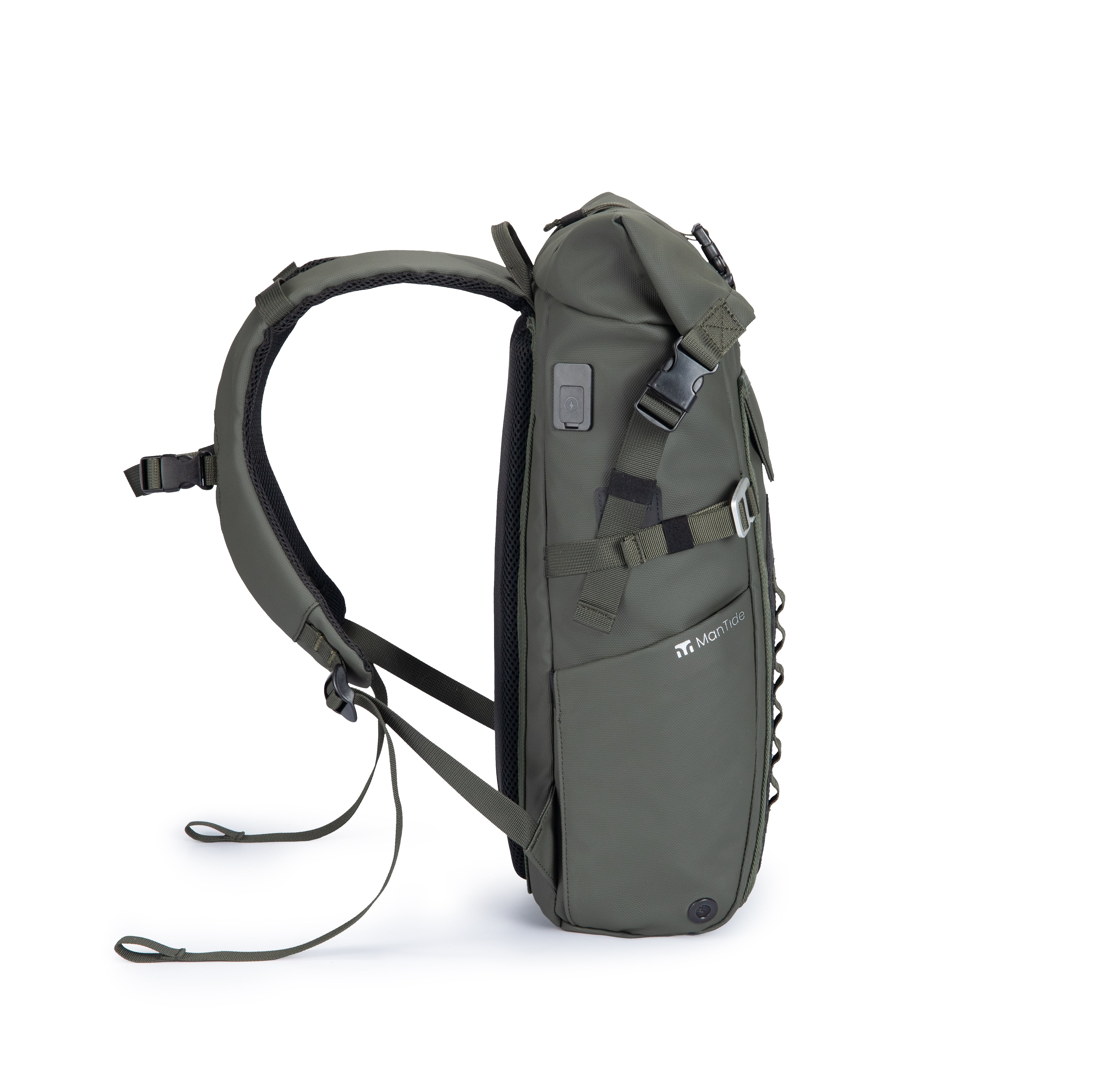 Khaki Green TideTrail backpack with adjustable shoulder straps, USB connection and roll top secure fasteners
