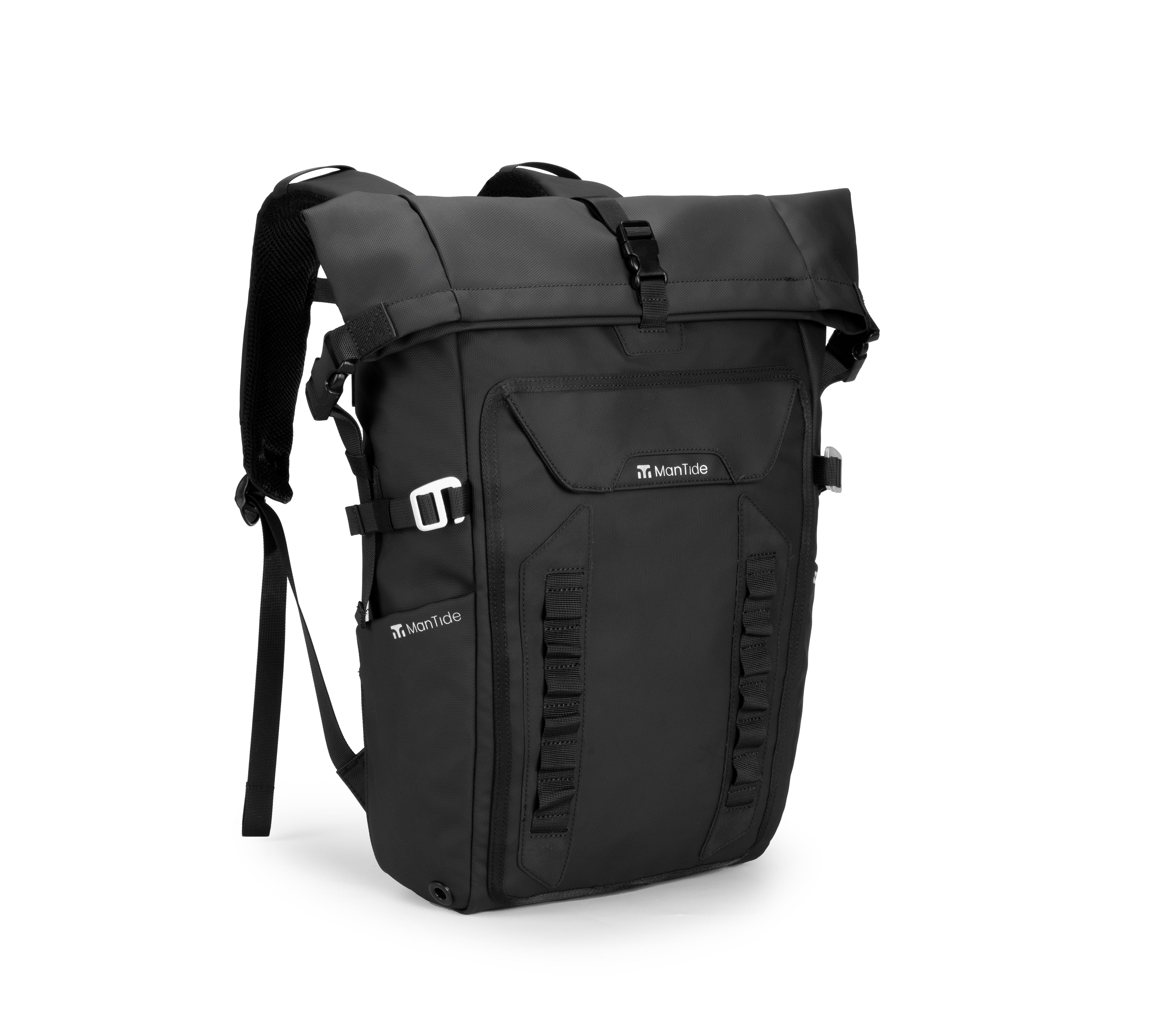 Matte Black TideTrail Backpack with Molle webbing and large front pocket. Also shown is the side pocket for water bottles with retaining strap for larger items to be stored such as camera tripods or yoga mats