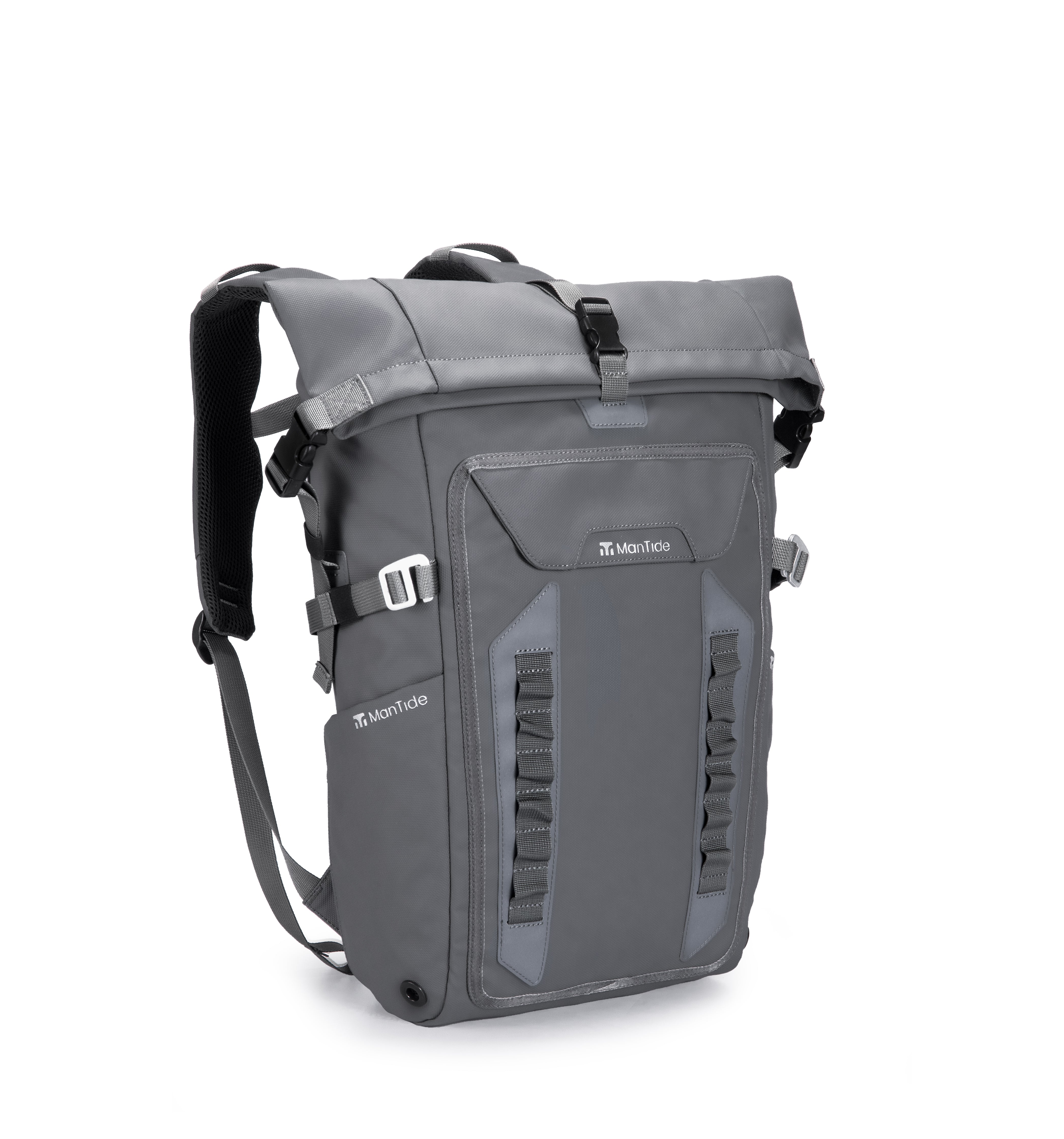 Slate Grey TideTrail Backpack with Molle webbing and large front pocket. Also shown is the side pocket for water bottles with retaining strap for larger items to be stored such as camera tripods or yoga mats